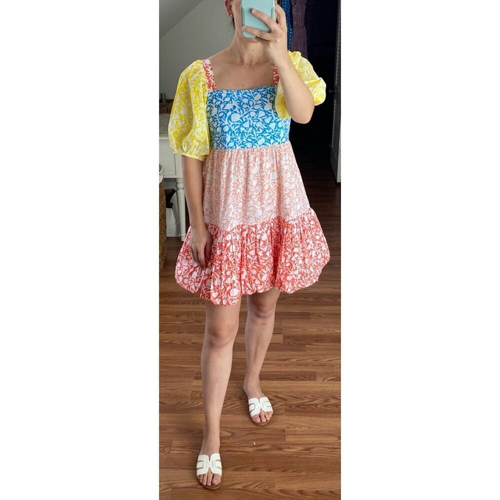 Oliphant Tuckernuck Canary Multi Bubble Skirt Mini Cotton Dress Puff Sleeves NEW - Picture 9 of 15